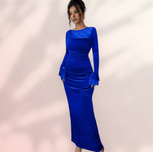 فستان قطيفه طويل ازرق