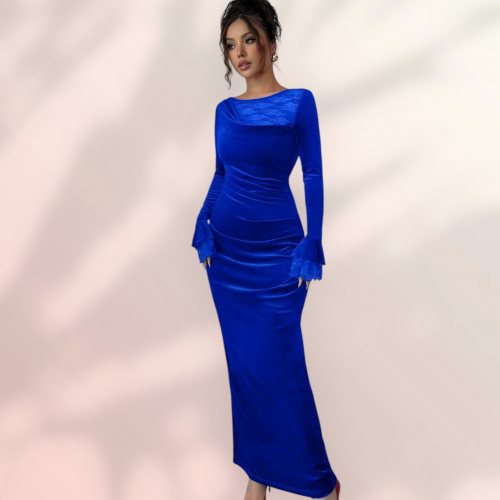 فستان قطيفه طويل ازرق