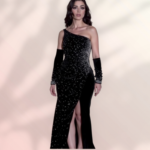 فستان قطيفه كتف واحد