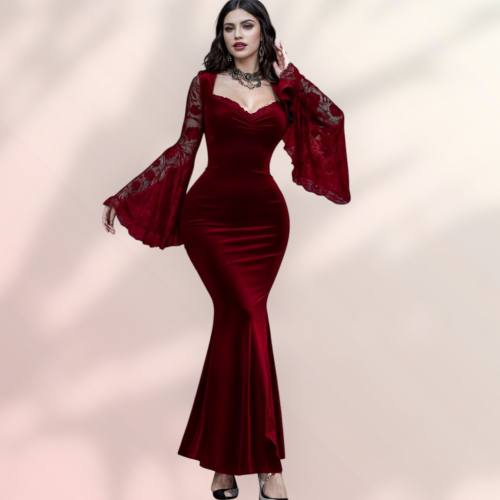 فستان انيق مخمل أكمام دانتيل 