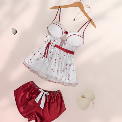 بجامه ستان قطعتين بلون احمر في ابيض 