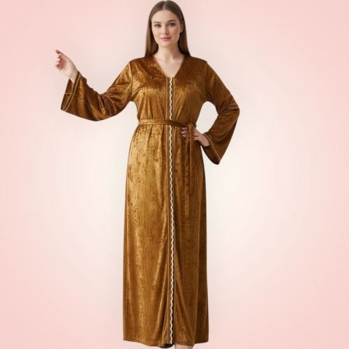 عبايه قطيفه بحزام  جنجا بالون البنى الفاتح 