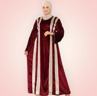 عبايه مخمل بالون الاحمر الداكن  بعمودين من البيج 