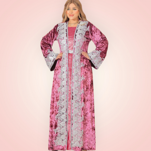 عبايه قطيفه بالون الوردى مع فضى 