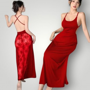 قميص نوم احمر ساده ظهر شيفون 