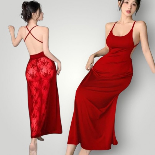 قميص نوم احمر ساده ظهر شيفون 