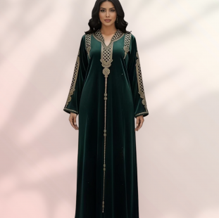 عبايه تطريز ذهبي على الصدر رقبه v