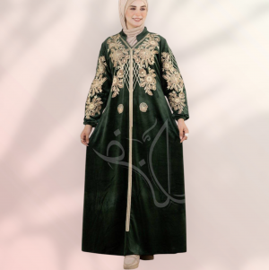 عبايه قطيفه بالون الزيتى مطرزه 