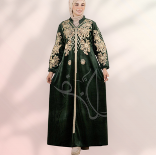 عبايه قطيفه بالون الزيتى مطرزه 