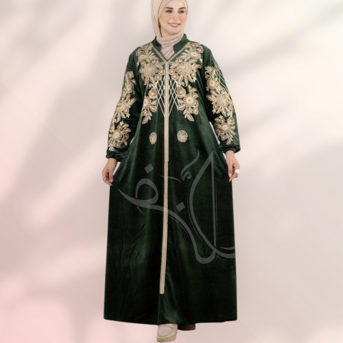 عبايه قطيفه بالون الزيتى مطرزه 